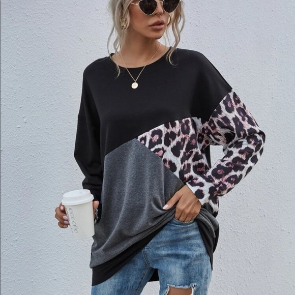 SHEIN Leopard Print Colourblock Drop Shoulder Sweatshirt - Picture 3 of 3